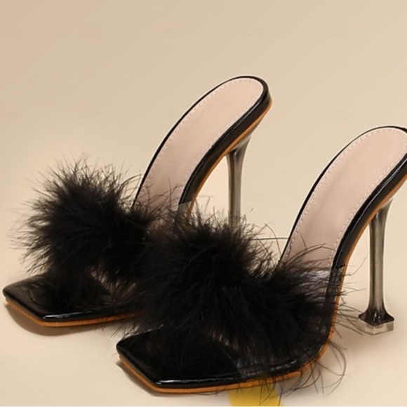 Shoes - Women's Black Feather Stiletto Heels with Square Toe Size: 42/ US 10/10.5
